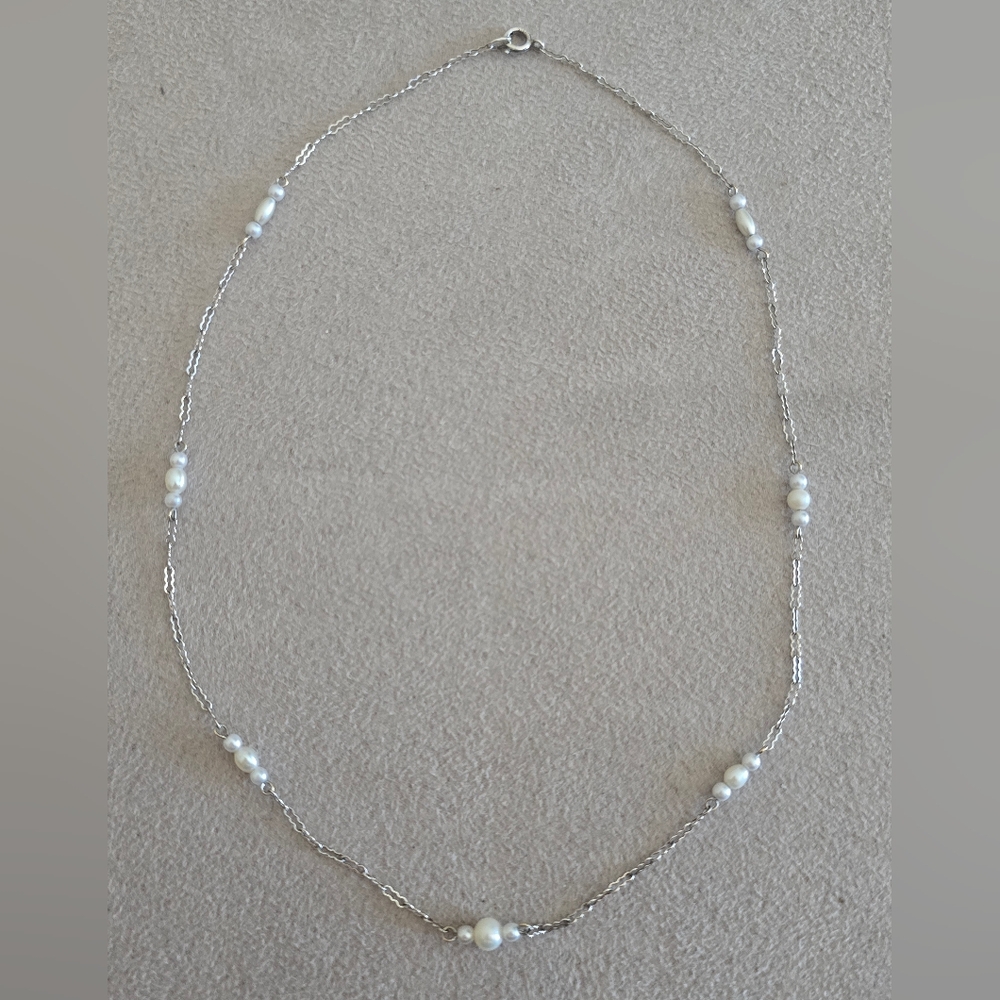 Sterling Silver Faux Pearl Station Unique Cut Pattern Necklace